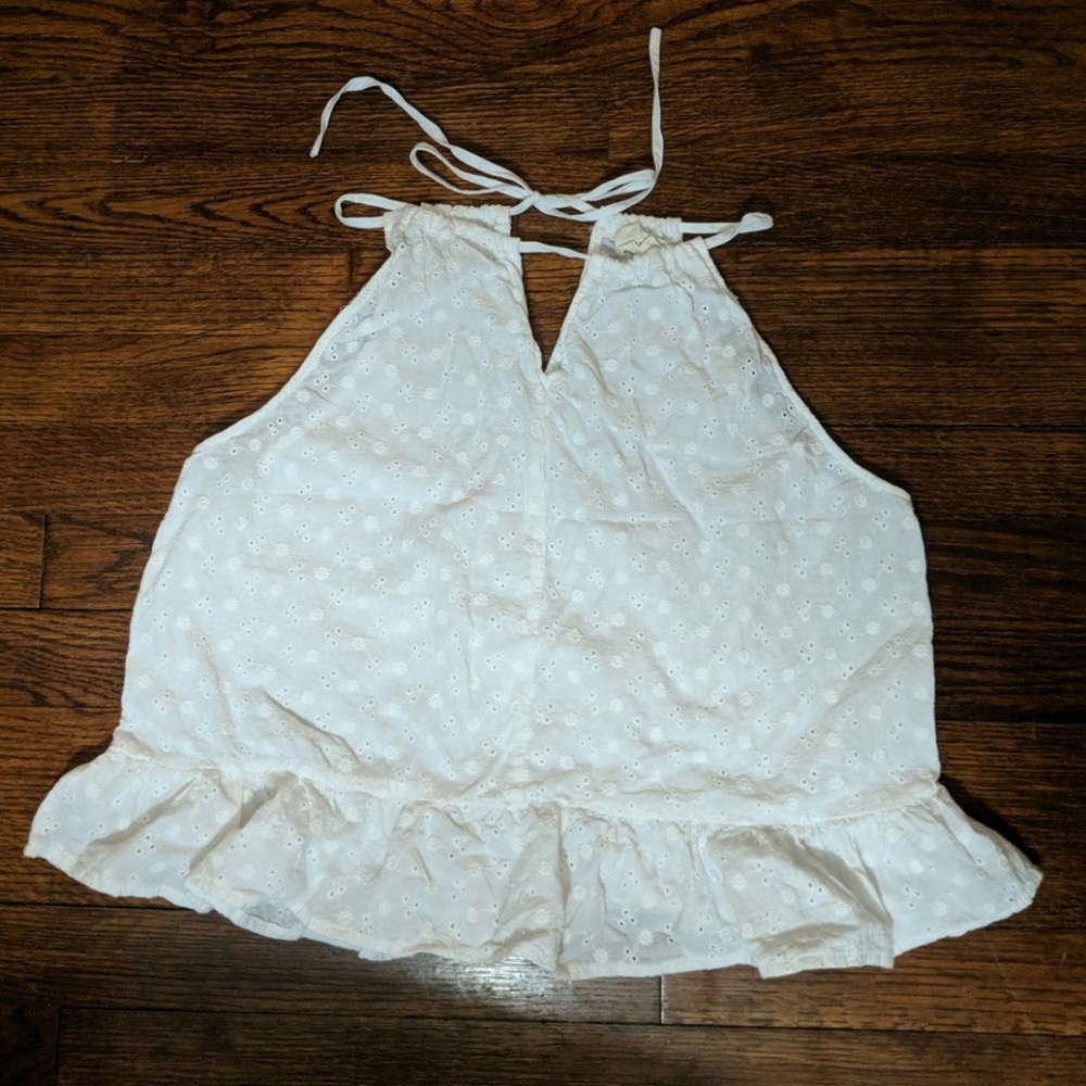 Cute White Eyelet Crop Ruffle Hem Tie Neck